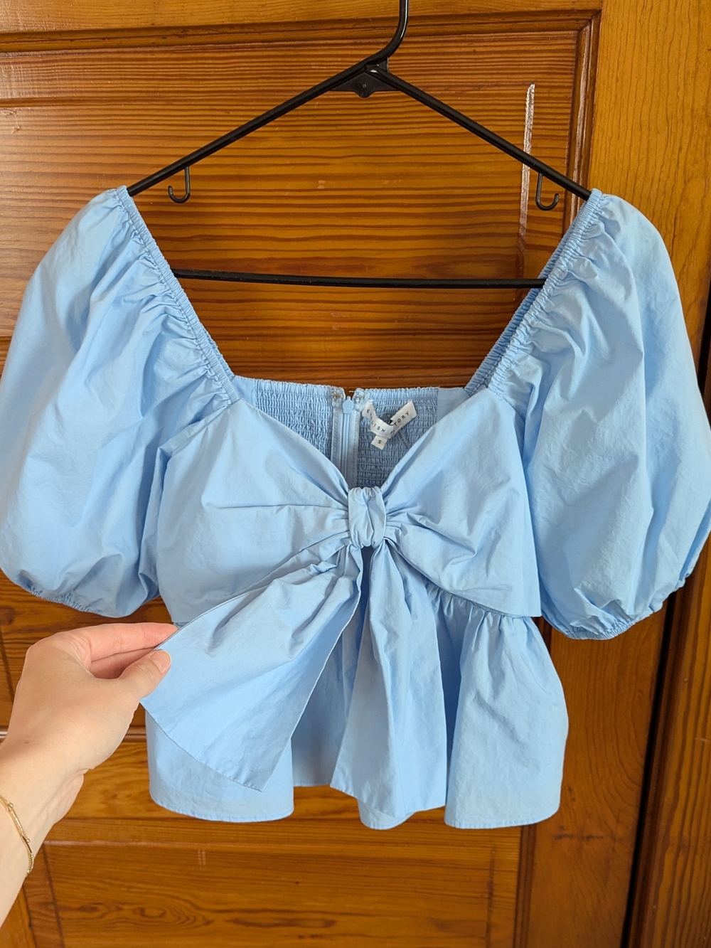 English Factory Light Blue Cropped Bow Peplum Top With Sweetheart Neckline - Picture 4 of 10